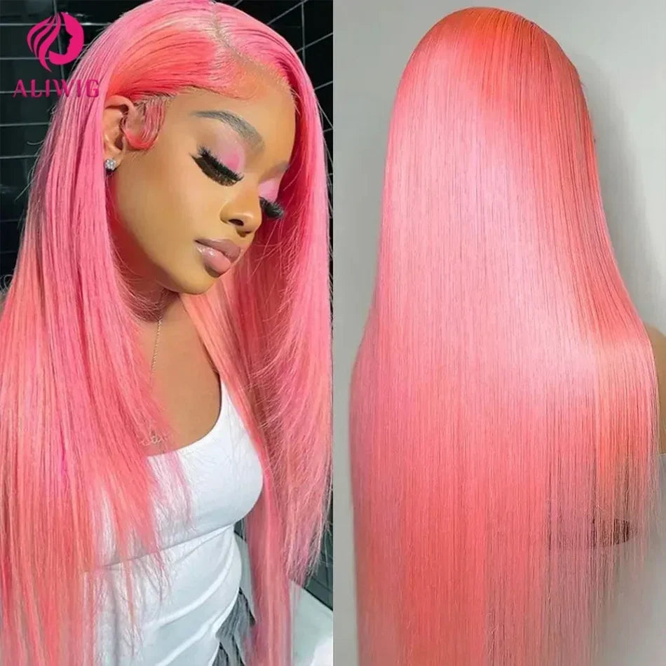 Pink Straight Lace Front Wig Human Hair 13x4 HD Lace Frontal Human Hair Wig Glueless Transparent Brazilian Pink Hair Colored Wig