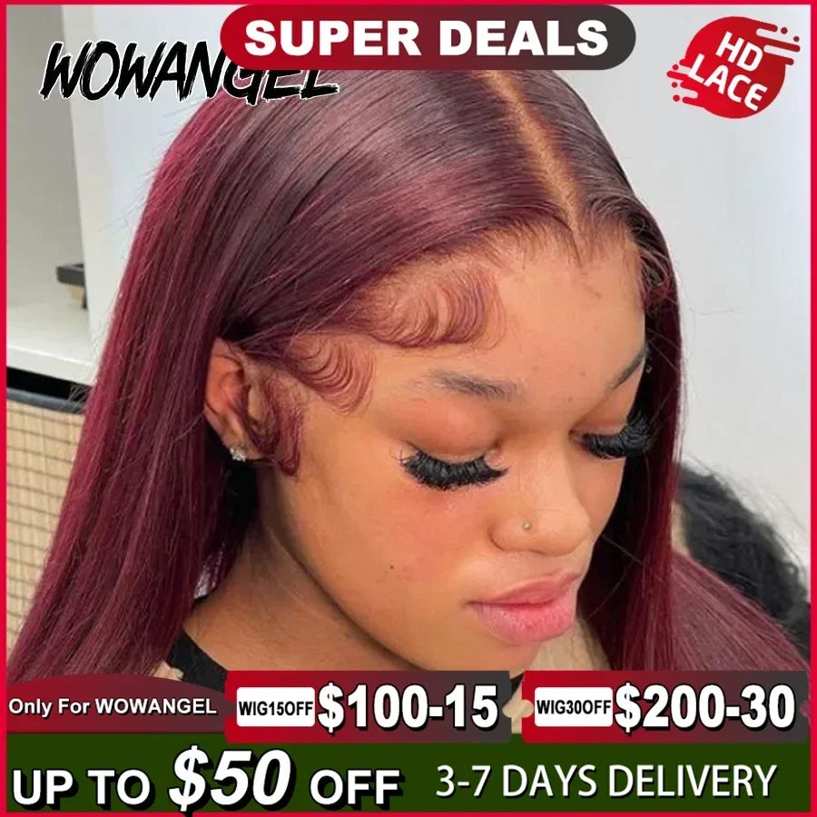 Pre Cut Lace Wig 99J Burgundy 13x6 HD Lace Frontal Human Hair Wig 30inch Straight Wigs Melt Skins 250% Red Colored Wig For Woman