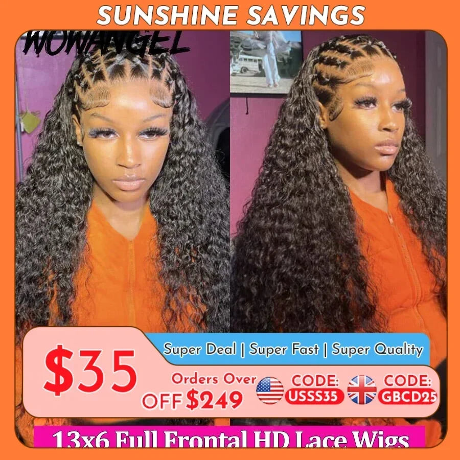 Wow Angel 36inch Water Wave 13x6 Full Frontal HD Lace Wigs 250% Curly Wigs HD Lace Front Human Hair Wigs Melt Skins For Woman