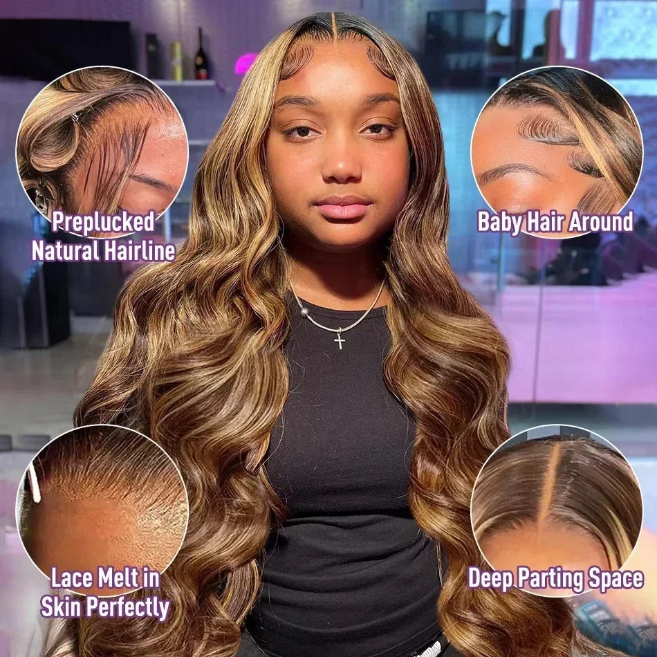 Body Wave 13x4 Hd Transparent Lace Front Wig Colored Highlight Human Hair Wigs For Women Brazilian 4/27 Blonde Pre Plucked Wigs