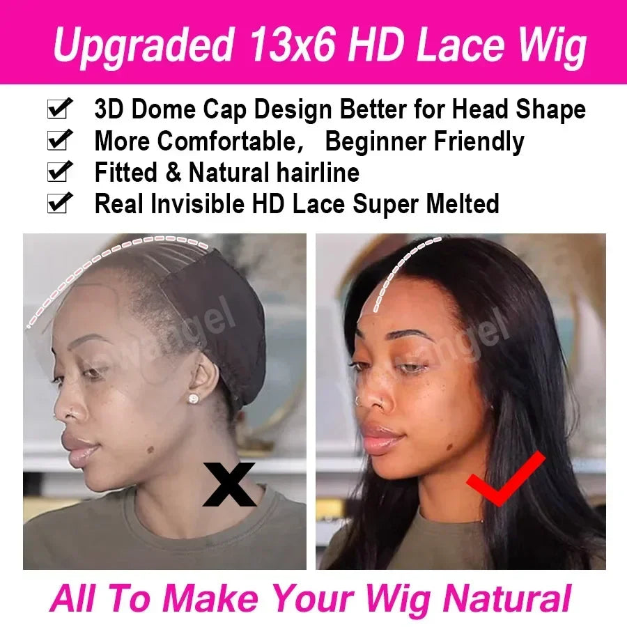 WOWANGEL Jet Black 13X6 HD Lace Frontal Wig Invisible HD Lace Melt Skin Silk Straight  Lace Front Wig Human Hair Wig Deep Part