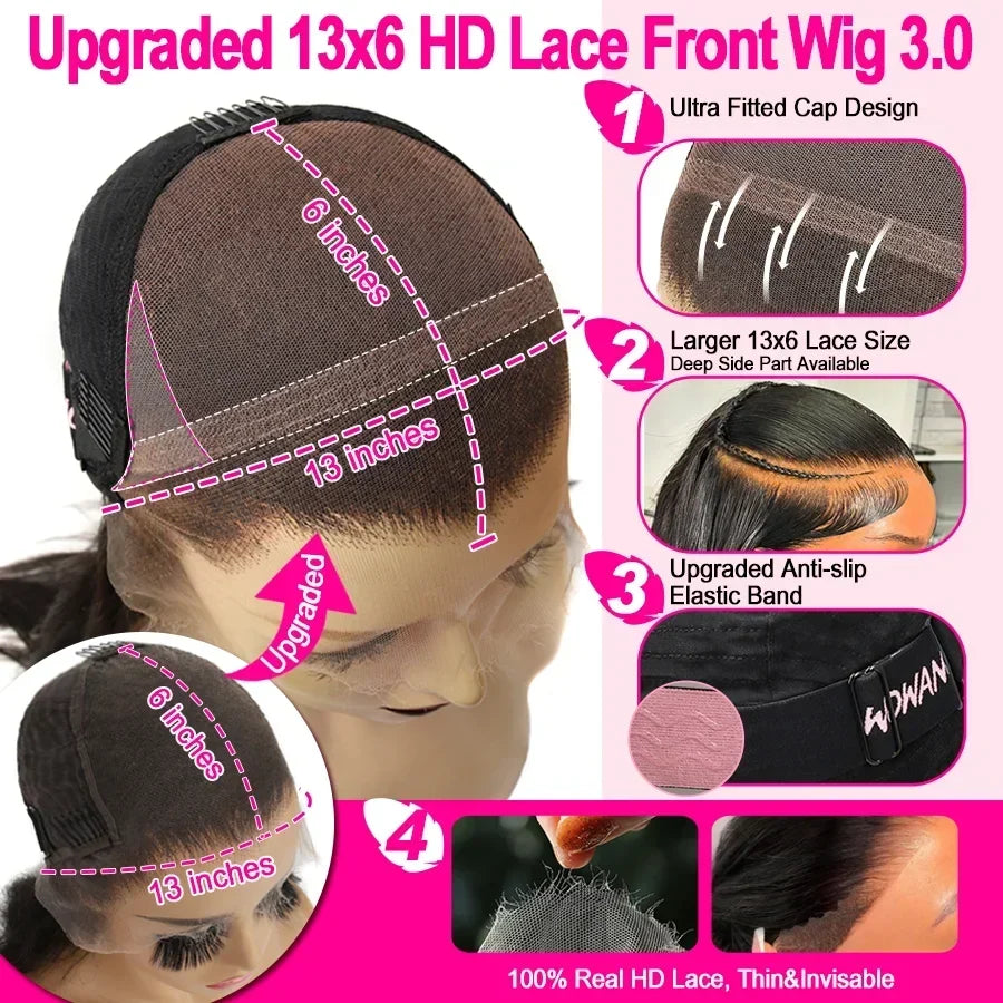 250% 13x6 HD Lace Frontal Wig Straight HD Transparent Lace Front Human Hair Wigs Remy Hair Melt Skins Pre Plucked For Women
